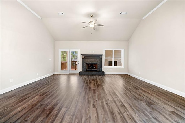 8230 Dawson View Way, Cumming, GA 30028 - unfurnished living room with baseboards, ceiling fan, lofted ceiling, and dark wood-style floors