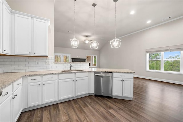 8230 Dawson View Way, Cumming, GA 30028 - kitchen with decorative backsplash, a peninsula, dark wood-style floors, a sink, and dishwasher