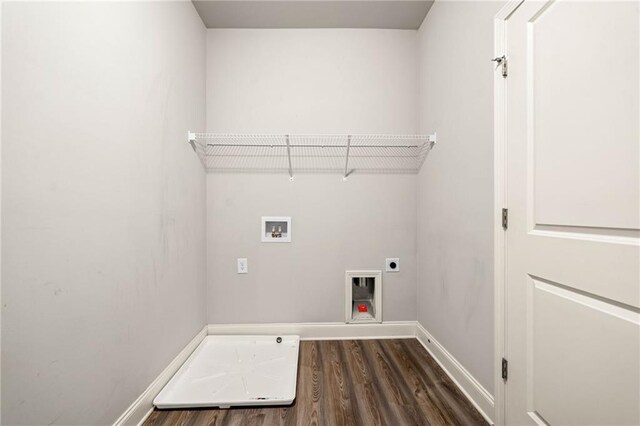 8230 Dawson View Way, Cumming, GA 30028 - washroom featuring laundry area, dark wood-style flooring, baseboards, electric dryer hookup, and washer hookup