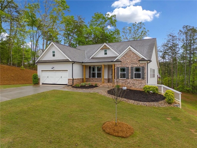 8230 Dawson View Way, Cumming, GA 30028 - craftsman-style house with an attached garage, a front lawn, brick siding, concrete driveway, and covered porch