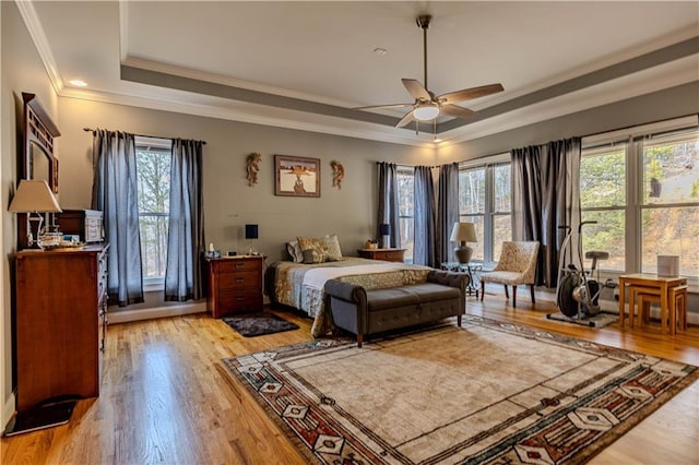 bedroom with ceiling fan, multiple windows, crown molding, and a raised ceiling