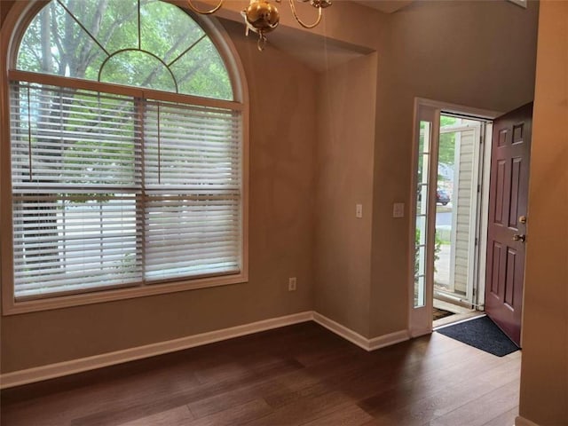 entryway featuring a wealth of natural light, a chandelier, and hardwood / wood-style floors