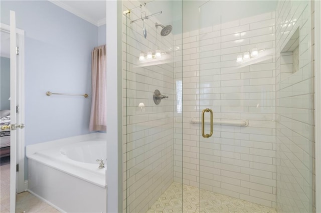 bathroom with crown molding, tile patterned floors, and plus walk in shower