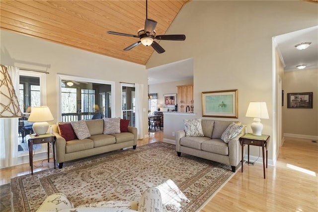 living room featuring ceiling fan, high vaulted ceiling, light hardwood / wood-style floors, and wooden ceiling