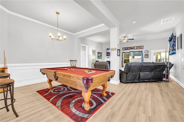 recreation room with visible vents, a wainscoted wall, light wood-style flooring, pool table, and ceiling fan