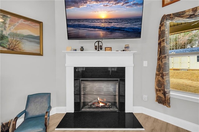 interior details with baseboards, a lit fireplace, and wood finished floors