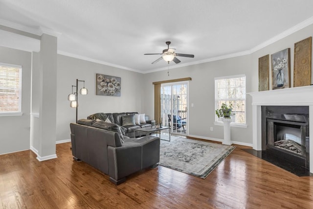 420 Heritage Park Trce NW Unit 22, Kennesaw, GA 30144 - living area with a ceiling fan, wood finished floors, crown molding, and a fireplace with flush hearth