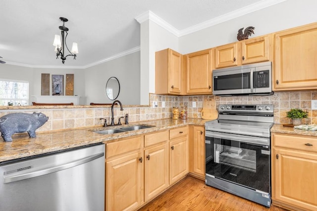 420 Heritage Park Trce NW Unit 22, Kennesaw, GA 30144 - kitchen featuring stainless steel appliances, light brown cabinets, crown molding, light stone countertops, and backsplash