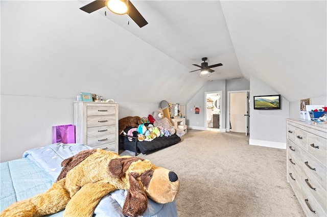 bedroom with light carpet, ceiling fan, baseboards, and lofted ceiling