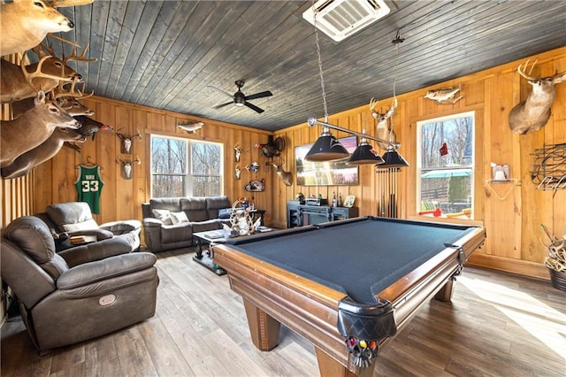 playroom with wood ceiling, visible vents, billiards, and wood finished floors