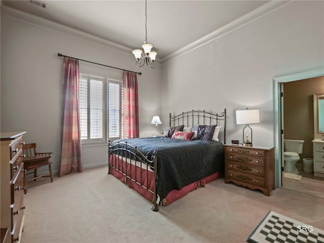 bedroom with a chandelier, light carpet, crown molding, and ensuite bathroom