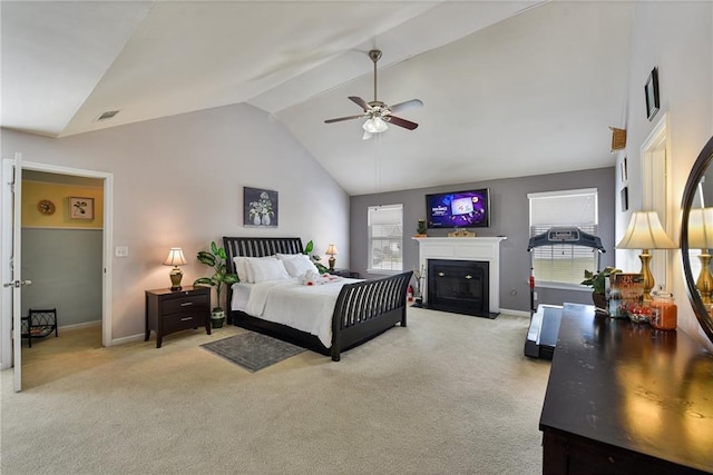 1441 Saint George Pl, Conyers, GA 30012 - bedroom featuring light colored carpet, a fireplace with flush hearth, ceiling fan, and high vaulted ceiling