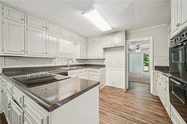2466 Country Club Dr, Conyers, GA 30013 - kitchen with black appliances, wood finished floors, white cabinets, ceiling fan, and a peninsula