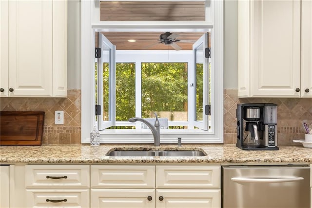 290 Edwardton Ct, Roswell, GA 30076 - kitchen with stainless steel dishwasher, tasteful backsplash, ceiling fan, and white cabinets