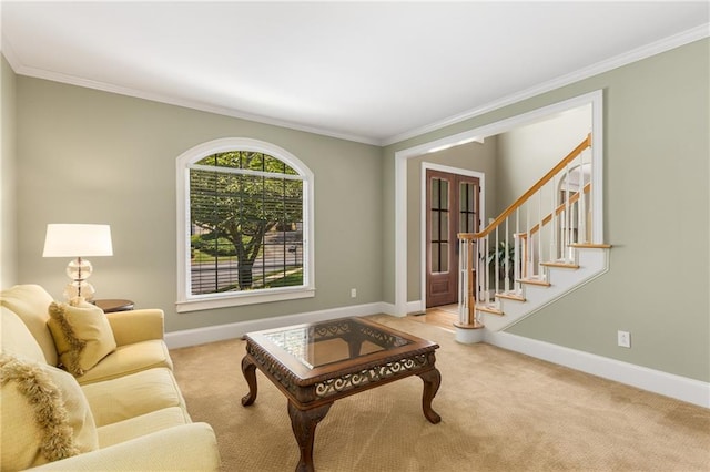 290 Edwardton Ct, Roswell, GA 30076 - living room featuring ornamental molding, carpet floors, and stairway