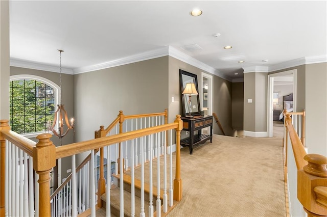 290 Edwardton Ct, Roswell, GA 30076 - corridor featuring an upstairs landing, recessed lighting, light colored carpet, and crown molding