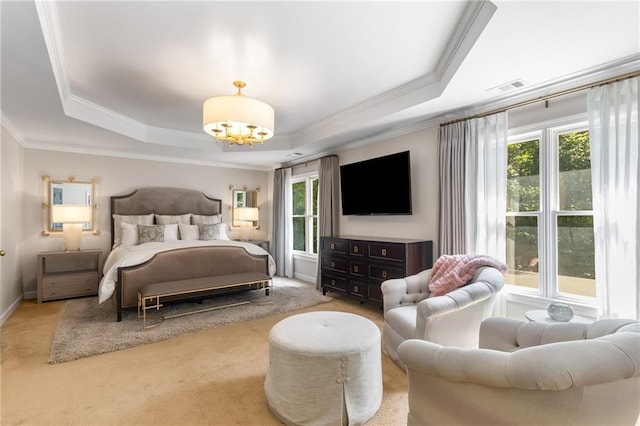 290 Edwardton Ct, Roswell, GA 30076 - carpeted bedroom featuring crown molding, a raised ceiling, and a chandelier