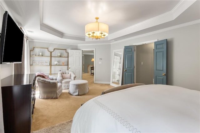 290 Edwardton Ct, Roswell, GA 30076 - bedroom with light colored carpet, a raised ceiling, ornamental molding, and a chandelier