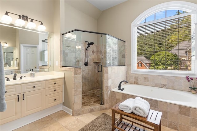 290 Edwardton Ct, Roswell, GA 30076 - bathroom with a bath, vanity, a shower stall, and tile patterned flooring
