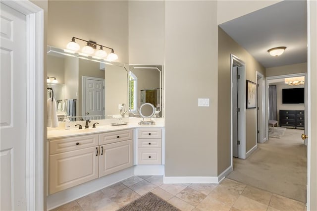 290 Edwardton Ct, Roswell, GA 30076 - full bathroom with vanity, a towering ceiling, a shower with door, and tile patterned floors