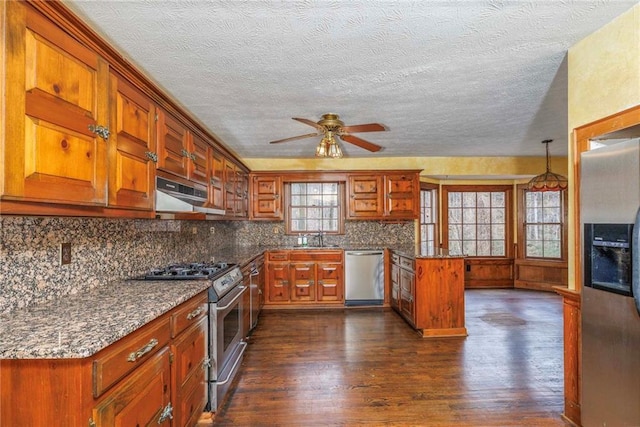 kitchen featuring sink, kitchen peninsula, dark wood-type flooring, and stainless steel gas stove