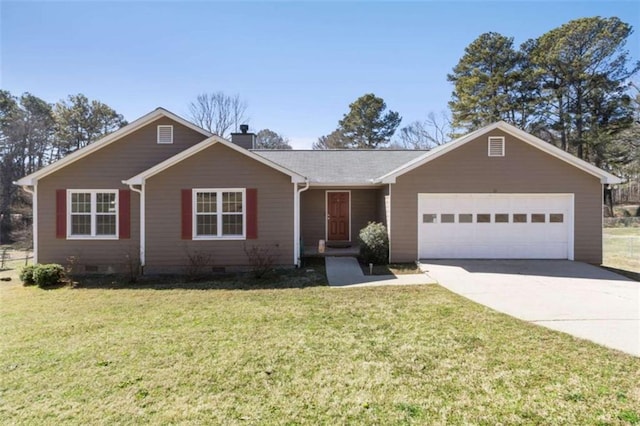 single story home with a garage, driveway, crawl space, a front lawn, and a chimney