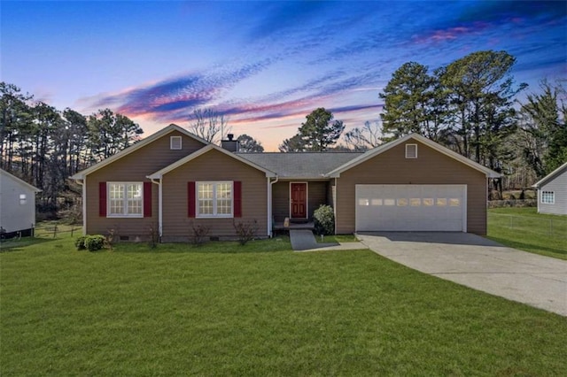 single story home featuring an attached garage, driveway, crawl space, and a front yard