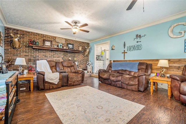 living room featuring dark hardwood / wood-style floors, ornamental molding, and a textured ceiling