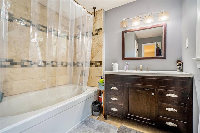 bathroom featuring vanity, shower / tub combo, and tile patterned floors