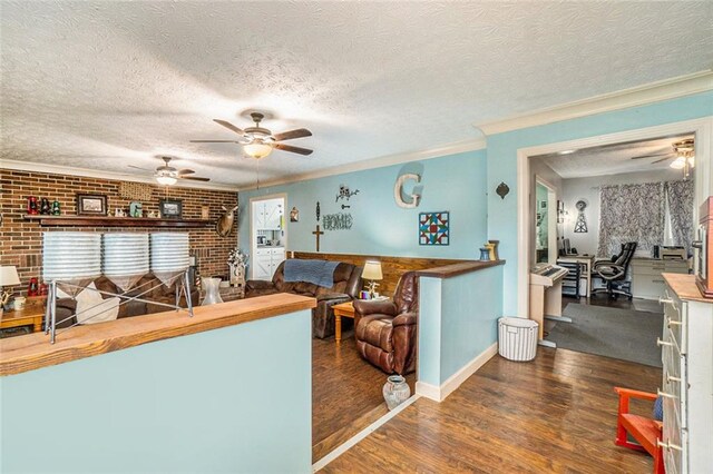 living room featuring plenty of natural light, dark hardwood / wood-style floors, and a textured ceiling