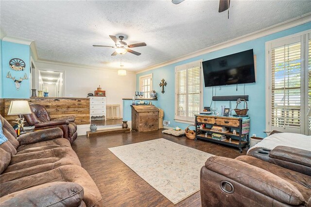 living room with crown molding, ceiling fan, dark wood-type flooring, and a textured ceiling