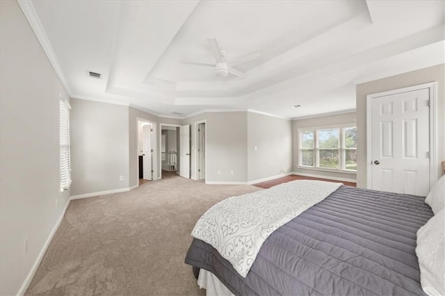 2870 Tattersall Ct, Cumming, GA 30041 - carpeted bedroom featuring a raised ceiling, ornamental molding, baseboards, and ceiling fan
