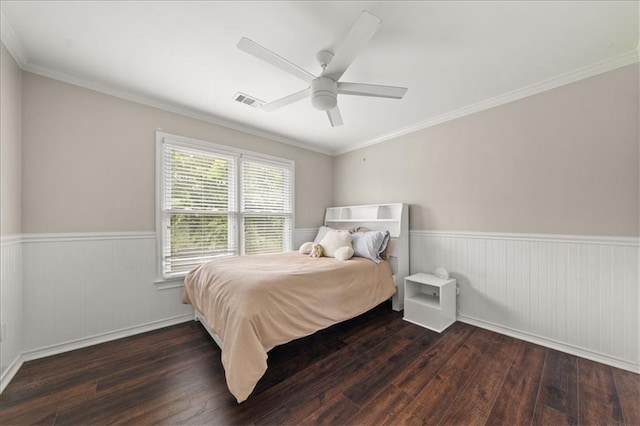 2870 Tattersall Ct, Cumming, GA 30041 - bedroom featuring wood-type flooring, wainscoting, ceiling fan, and ornamental molding