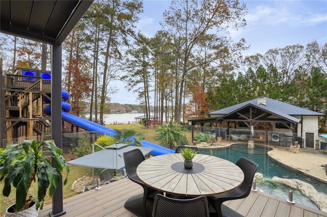 deck featuring a water view