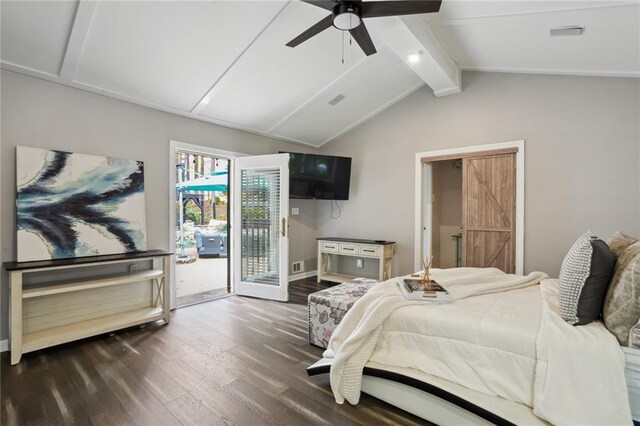 bedroom featuring vaulted ceiling with beams, ceiling fan, dark hardwood / wood-style flooring, and access to outside