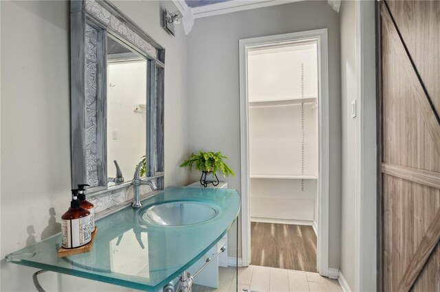bathroom featuring vanity, wood-type flooring, and crown molding