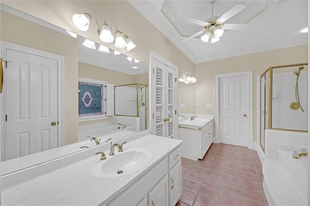 1405 Wilmington Way, Grayson, GA 30017 - full bathroom with crown molding, a stall shower, two vanities, a ceiling fan, and tile patterned flooring