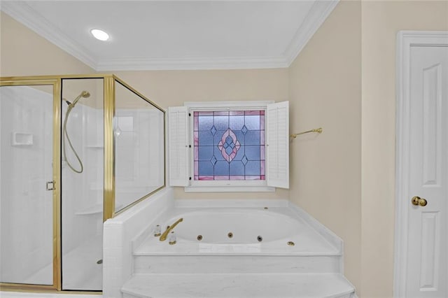 1405 Wilmington Way, Grayson, GA 30017 - bathroom with a stall shower, a jetted tub, and crown molding