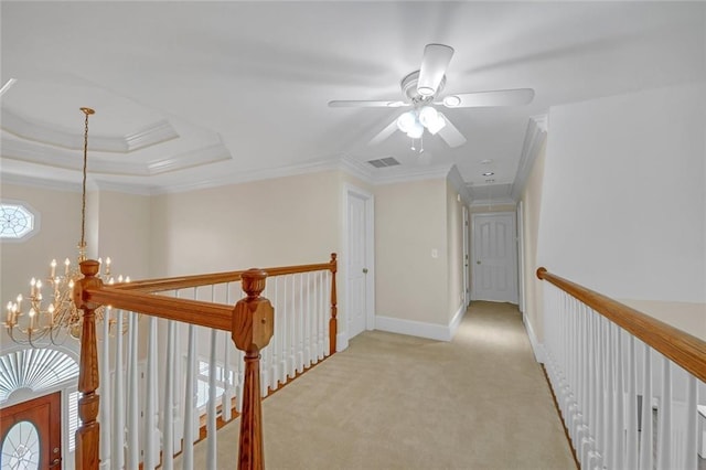 1405 Wilmington Way, Grayson, GA 30017 - hall featuring attic access, light colored carpet, a chandelier, ornamental molding, and baseboards