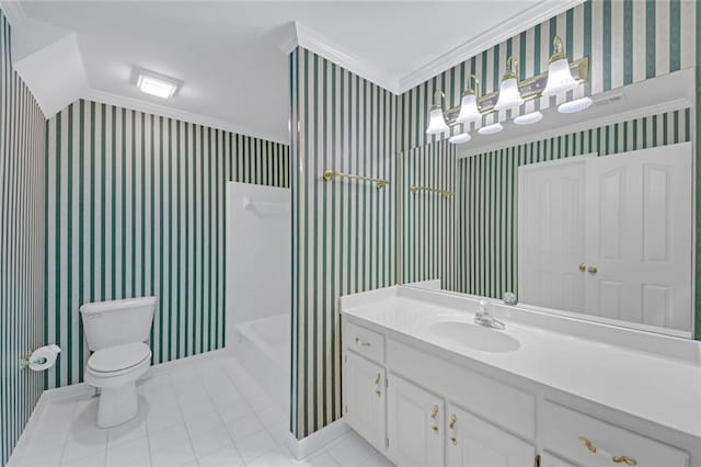 1405 Wilmington Way, Grayson, GA 30017 - bathroom with wallpapered walls, crown molding, toilet, vanity, and tile patterned flooring