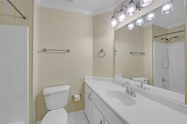 1405 Wilmington Way, Grayson, GA 30017 - full bath featuring crown molding, toilet, vanity, bathtub / shower combination, and wallpapered walls