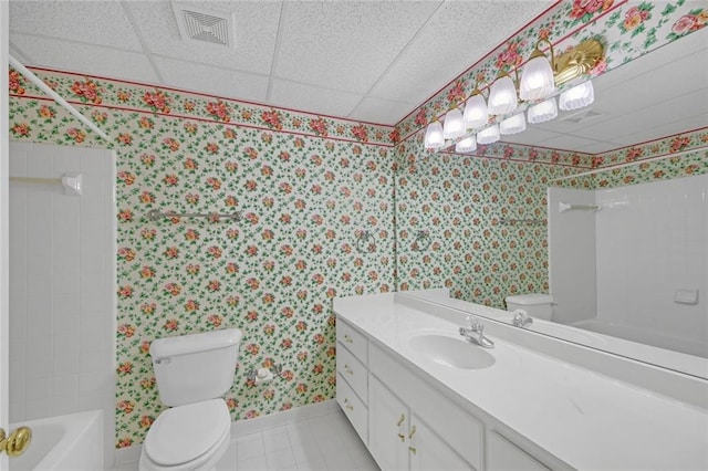 1405 Wilmington Way, Grayson, GA 30017 - bathroom with wallpapered walls, toilet, washtub / shower combination, tile patterned flooring, and vanity