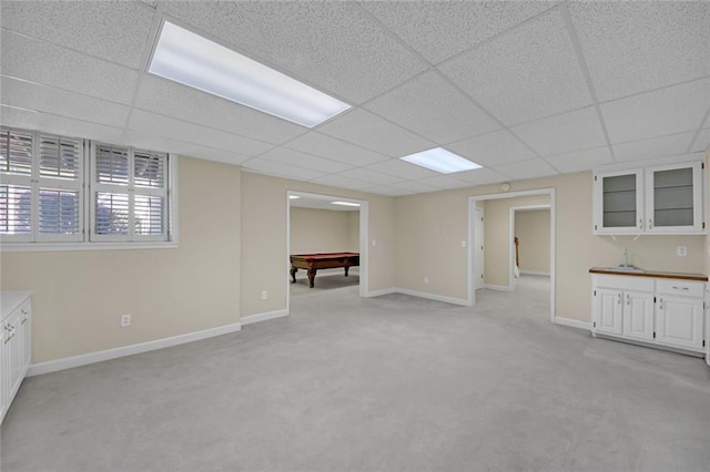 1405 Wilmington Way, Grayson, GA 30017 - basement featuring pool table, light carpet, a paneled ceiling, a sink, and baseboards