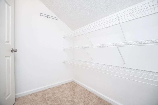 walk in closet with vaulted ceiling and carpet floors