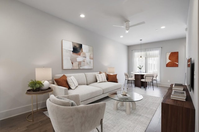 133 City View Ct NE, Atlanta, GA 30308 - living room featuring ceiling fan, dark wood-style flooring, and recessed lighting