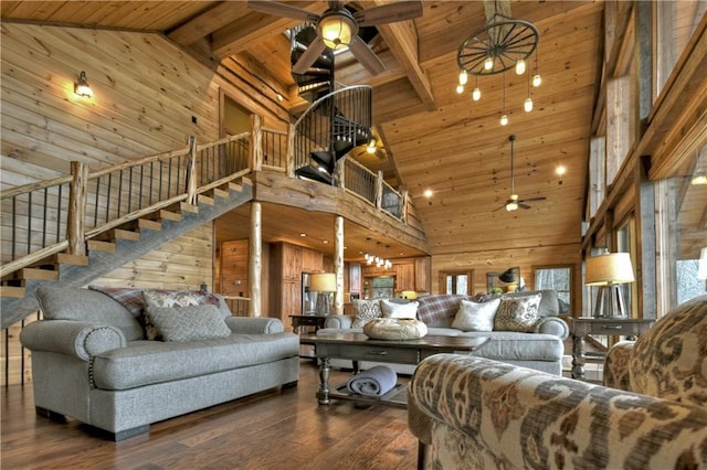 living room featuring wood ceiling, dark wood-type flooring, beam ceiling, high vaulted ceiling, and wood walls