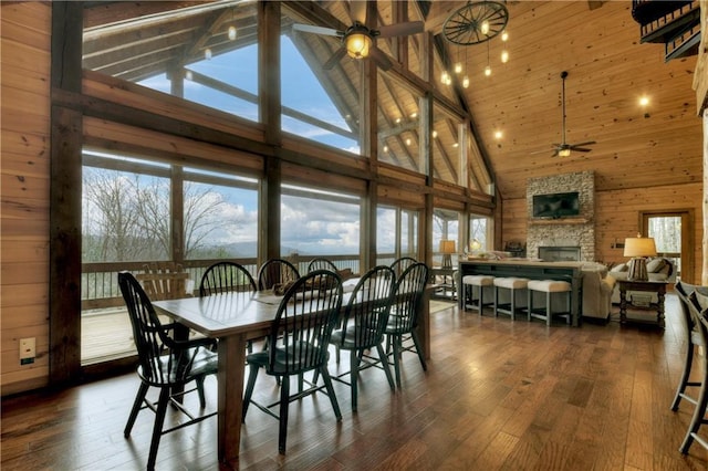 dining area featuring ceiling fan, dark wood-type flooring, high vaulted ceiling, a fireplace, and wood ceiling