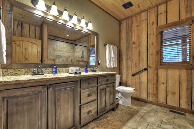 bathroom with toilet, walk in shower, wood walls, and wood ceiling