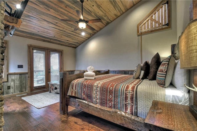 bedroom with ceiling fan, wooden ceiling, dark hardwood / wood-style floors, lofted ceiling, and wooden walls