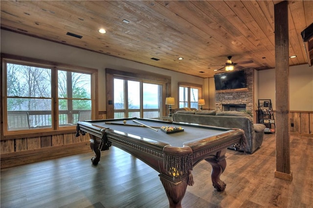 game room with ceiling fan, hardwood / wood-style floors, wood ceiling, and billiards